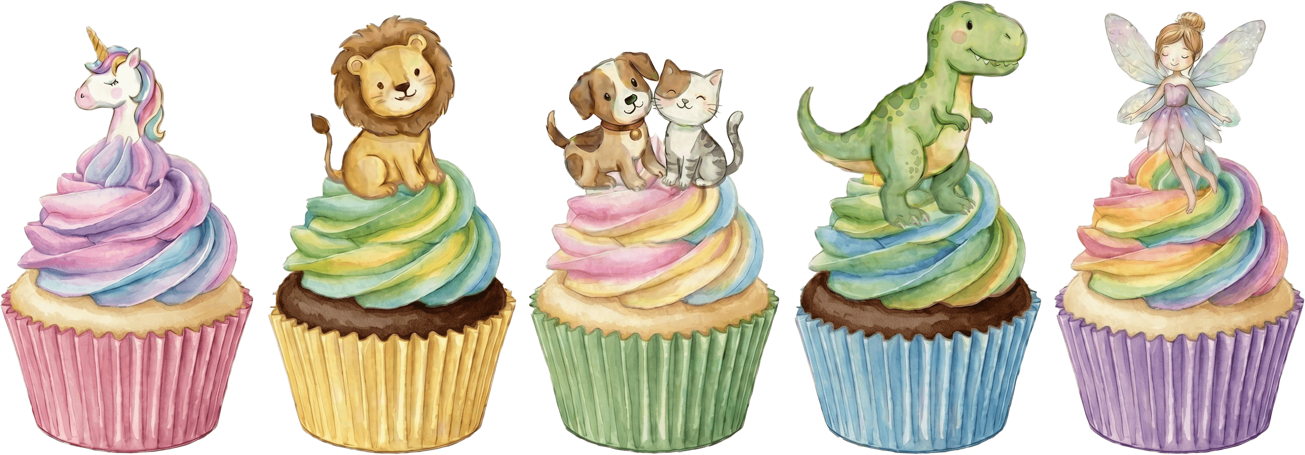 Five beautifully decorated watercolour cupcakes